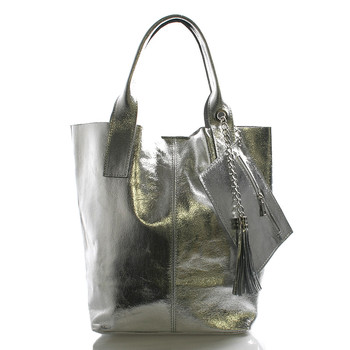 Stříbrná velká kožená kabelka shopper ItalY Perla