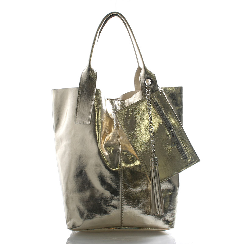 Zlatá velká kožená kabelka shopper ItalY Perla