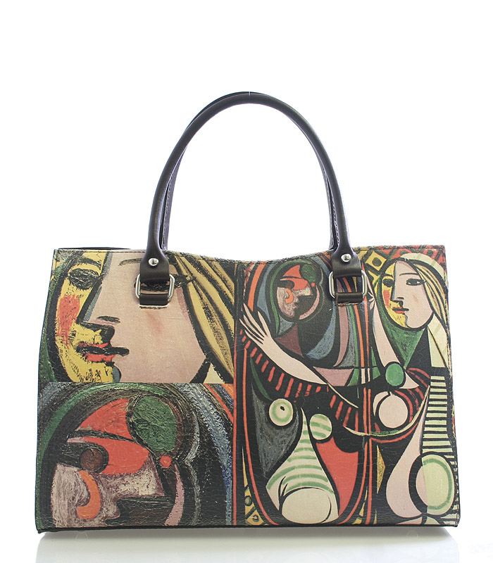 Hnědá kožená kabelka ItalY Picasso s potiskem
