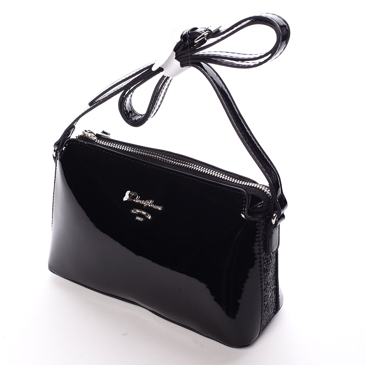 Luxusní dámská lakovaná crossbody kabelka s glitterem černá - David Jones Petrina