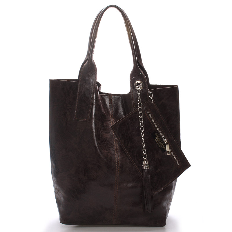 Dámská velká kožená kabelka shopper hnědá - ItalY Perla