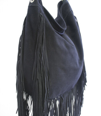 Modrá kožená broušená kabelka ItalY Aranka s třásněmi