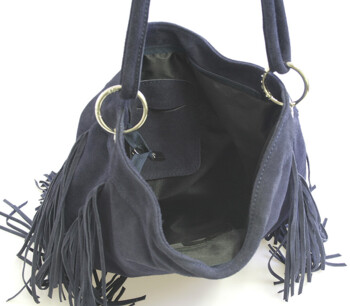 Modrá kožená broušená kabelka ItalY Aranka s třásněmi