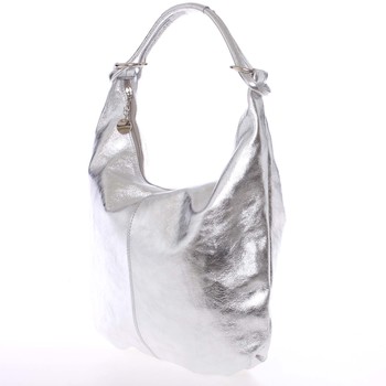 Velká kožená lesklá dámská kabelka stříbrná - ItalY Oceana